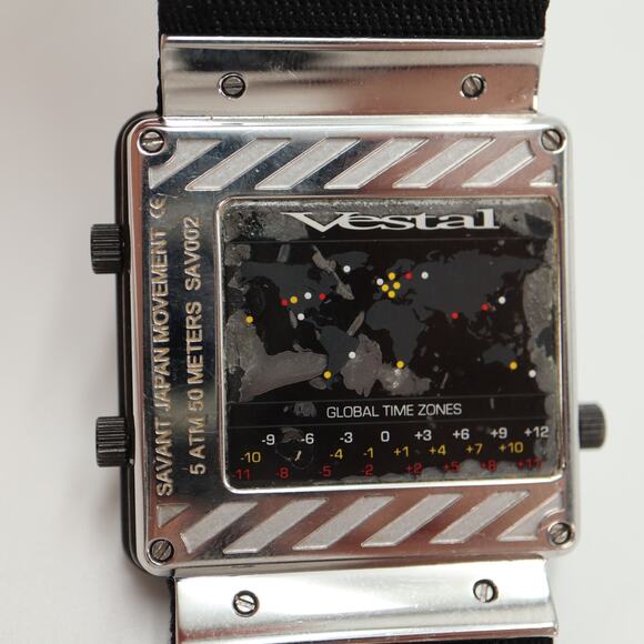 Vestal Savant Black Triple Time Zone Watch 38mm Mens Square Dial w New Battery - Picture 15 of 15